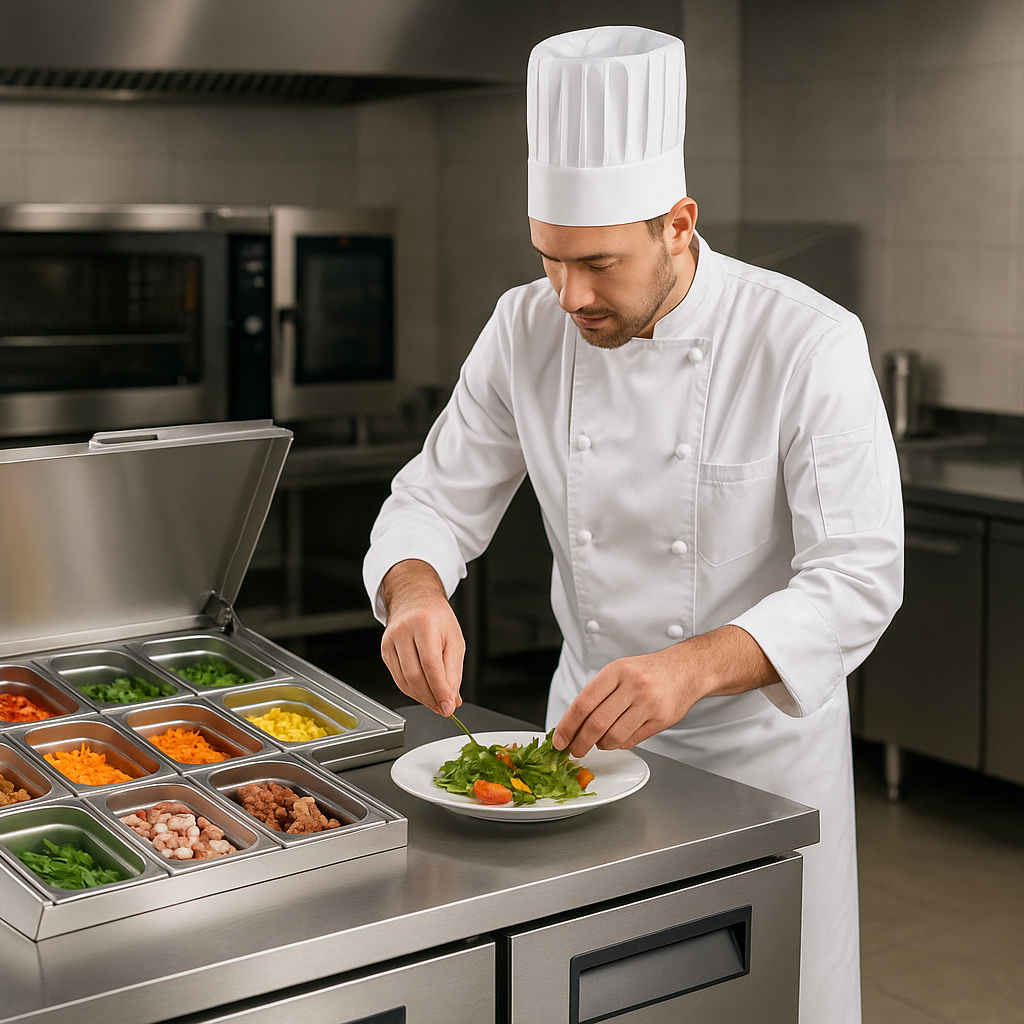 IMAGEN DE UN EQUIPO DE REFRIGERACION MESA REFRIGERADA SIENDO USADA POR UN CHEF PROFESIONAL