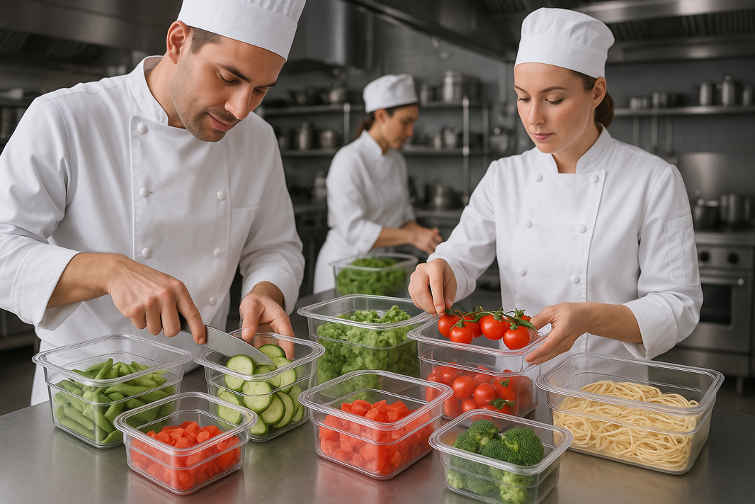 INSERTOS DE POLICARBONATO RECTANGULARES, IMAGEN SIENDO UTILIZADOS EN UNA COCINA INDUSTRIAL PARA ALMACENAR O MANEJAR ALIMENTOS